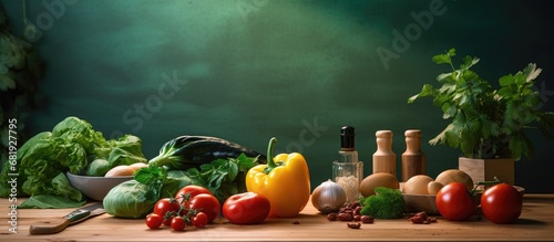 In a well-lit kitchen, a green vegetable leaf sits atop a cutting board, with a backdrop of a wooden desk and a frame of cooking essentials on the wall, while a healthy tomato awaits to be sliced in