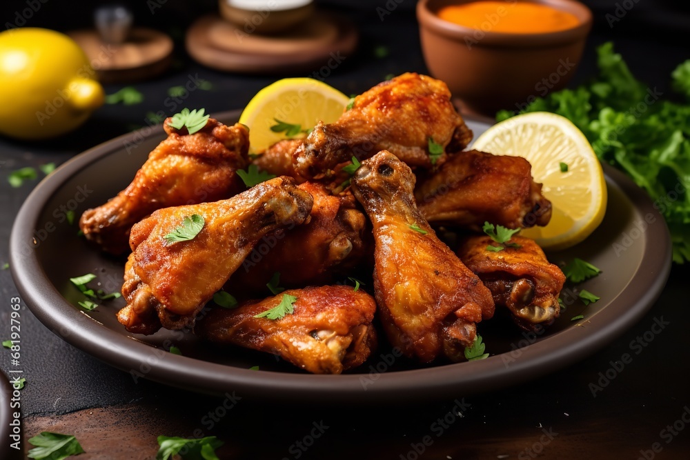 a classic and delicious meal that is sure to please. The chicken wings are perfectly cooked, with a golden brown outer layer and a juicy interior.