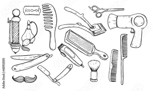 hairdresser tools handdrawn illustration engraving