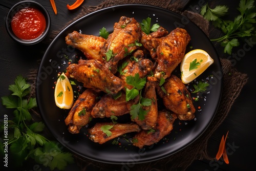grilled chicken wings on a black plate with lemon slices and ketchup. The chicken wings are perfectly cooked, with a charred outer layer and a juicy interior.