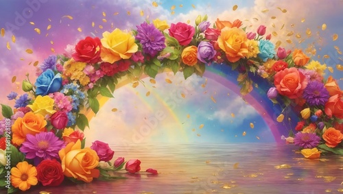 Rainbow Blessed Flowers Colorful Flower Background Illustration Postcard Digital Artwork Banner Website Flyer Ads Gift Card Template