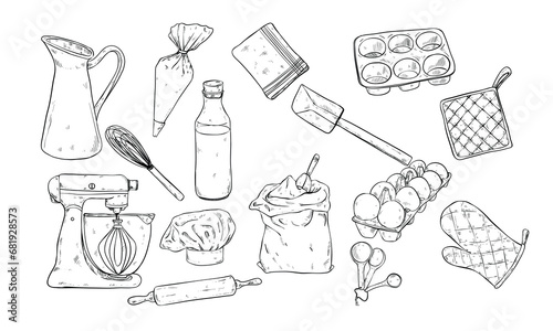 cake cooking utensils handdrawn illustration engraving