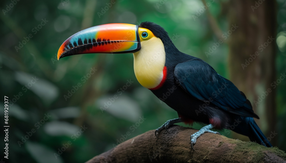 Multi colored toucan perching on branch in tropical rainforest close up generated by AI Multi colored toucan perching on branch in tropical rainforest close up generated by AI