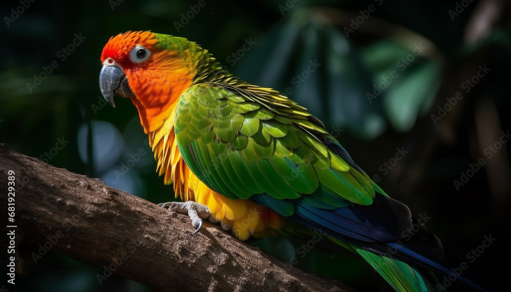 Vibrant macaw perching on branch in tropical rainforest beauty generated by AI