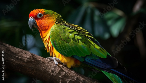 Vibrant macaw perching on branch in tropical rainforest beauty generated by AI