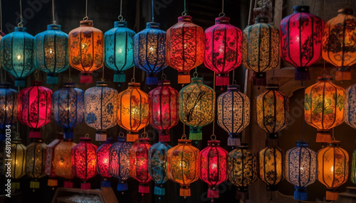 Vibrant colored lanterns hanging  illuminated  symbolizing traditional festivals and cultures generated by AI