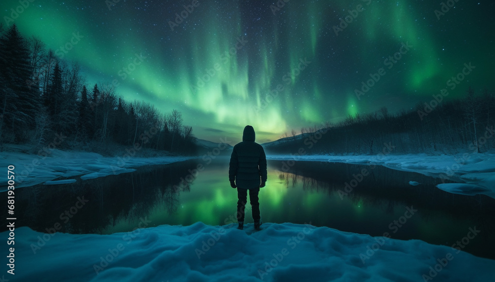 One person standing in arctic landscape, illuminated by starry night generated by AI