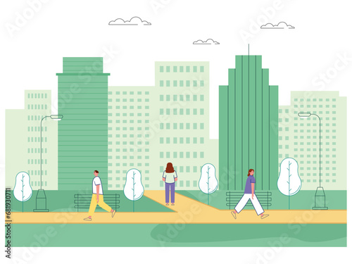 People walking in the city park. Park illustration.