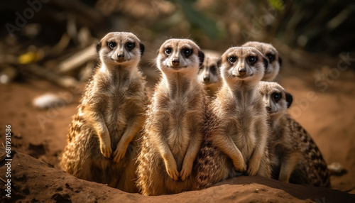 Small cute meerkats sitting in a row, alertness in nature generated by AI