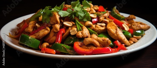 In a bustling Asian street food market in City, a plate of healthy, delicious chicken stir-fried with an assortment of vibrant vegetables and aromatic spices was being prepared, a lunch dish renowned