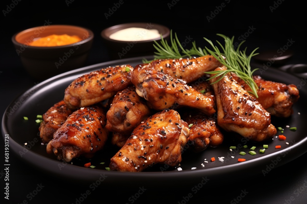 A tantalizing plate of chicken wings coated in a golden-brown sesame seed crust, served with dipping sauce and celery sticks.