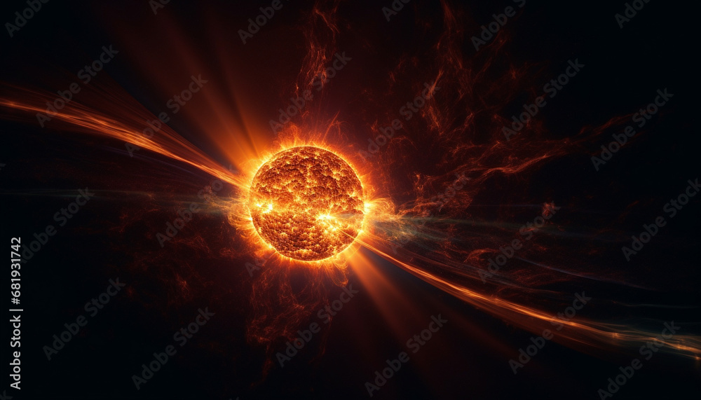 Fototapeta premium Glowing fireball orbiting planet in abstract futuristic illustration of space generated by AI