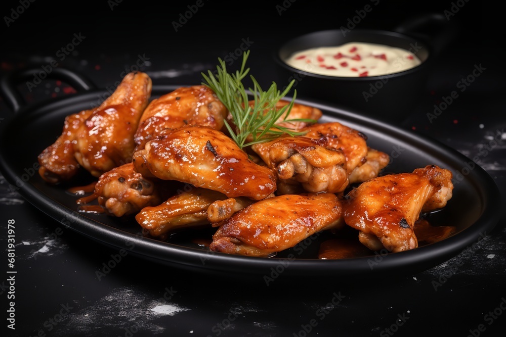 Tantalizing grilled chicken wings coated in a glossy barbecue sauce, served on a striking black plate. The chicken wings are perfectly cooked, with crispy skin and juicy meat.