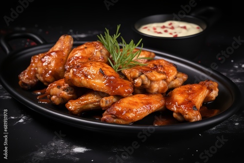 Tantalizing grilled chicken wings coated in a glossy barbecue sauce, served on a striking black plate. The chicken wings are perfectly cooked, with crispy skin and juicy meat. © wiwid