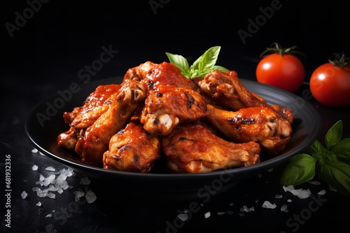 These tempting chicken wings are coated in a sticky and flavorful sweet and spicy sauce, served on a black plate with celery and carrots.