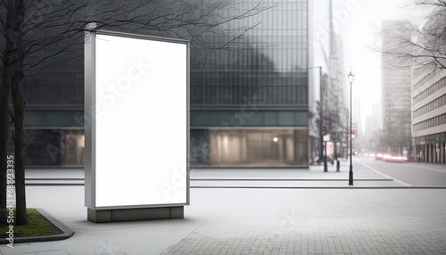 Large blank outdoor billboard white copy space add multiple company names logos modern office buildings financial district business empty template poster banner urban city contemporary day