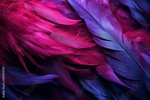 Dynamic swirl of blue and pink feathers, perfect for vibrant fashion design or evocative, artistic imagery.
