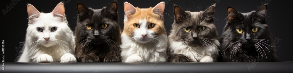 Five Cats of Different Colors Lined Up Against a Black Background