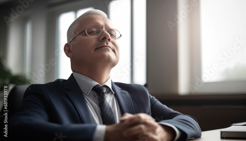 Confident businessman in suit looking away through office window generated by AI
