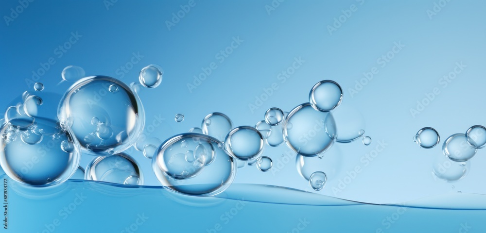 Crystal-clear water droplets on a blue surface, perfect for hygiene products or scientific visualization.