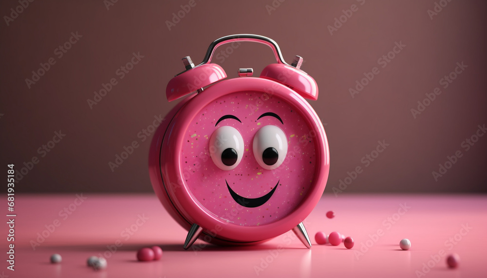 Cute cartoon clock smiling, waking up with cheerful countdown timer generated by AI - obrazy, fototapety, plakaty 
