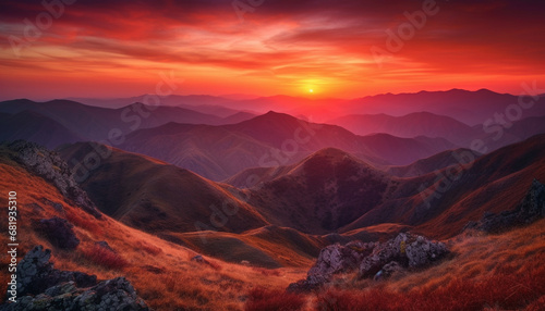 Majestic mountain range at dusk, tranquil beauty in nature landscape generated by AI