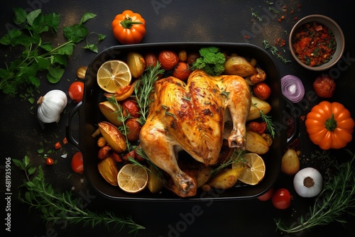 A roasted chicken in a pan with vegetables sitting on a black background. The chicken has a golden brown crust and the vegetables are colorful and caramelized.