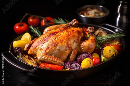 A hearty and flavorful roasted chicken dish with vegetables, all cooked in a single pan. The chicken is golden brown and juicy