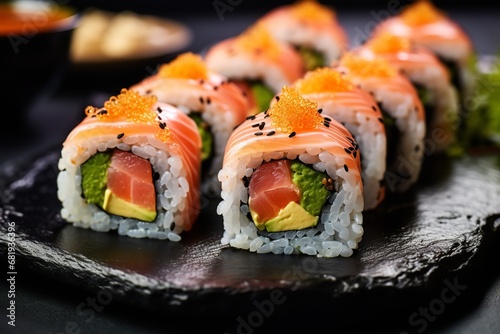 A close-up photo of a plate of sushi, showing the delicate details of the rice, fish, and vegetables. The sushi includes a variety of nigiri