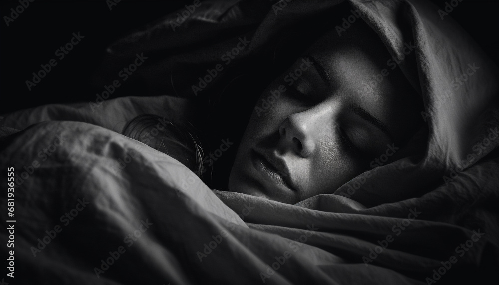 Young woman resting peacefully on comfortable bed, eyes closed generated by AI Young woman resting peacefully on comfortable bed, eyes closed generated by AI