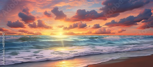 As the sun slowly sets, casting a golden light across the beach, the vibrant colors of the sky merge with the calm blue waters of the ocean, creating a breathtaking summer sunset scene that perfectly © 2rogan