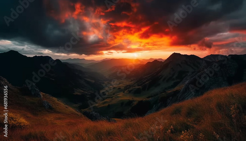 Majestic mountain peak, back lit by sunset yellow sky generated by AI