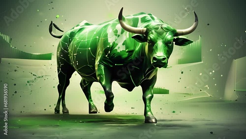 This abstract image shows a bull charging forward, accompanied by a surge of green bullish charts, representing a strong market trend. . photo