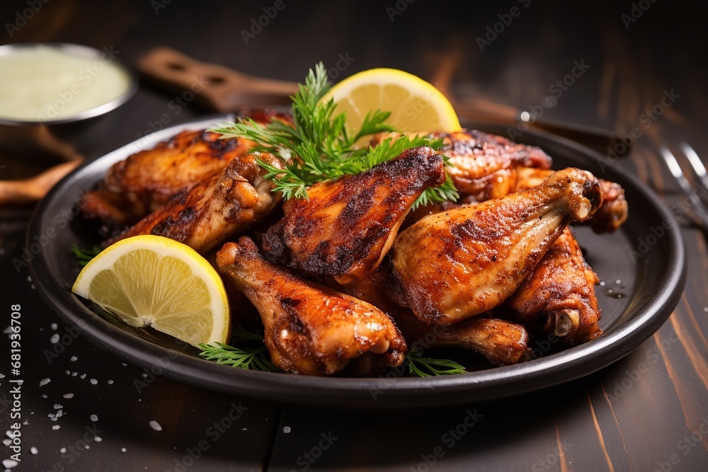 Grilled chicken wings with lemon slices on a wooden table. The chicken wings are cooked to perfection and have a golden brown crust.