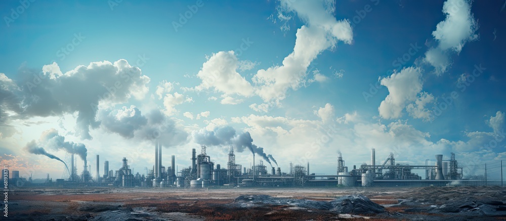 Obraz premium The industrial business at the oil station, chemical gas factory, and construction site worked on harnessing the power of technology to create a blue sky filled with energy, while the cloud of metal