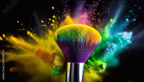 Colorful powder explosion in motion against a make-up brush