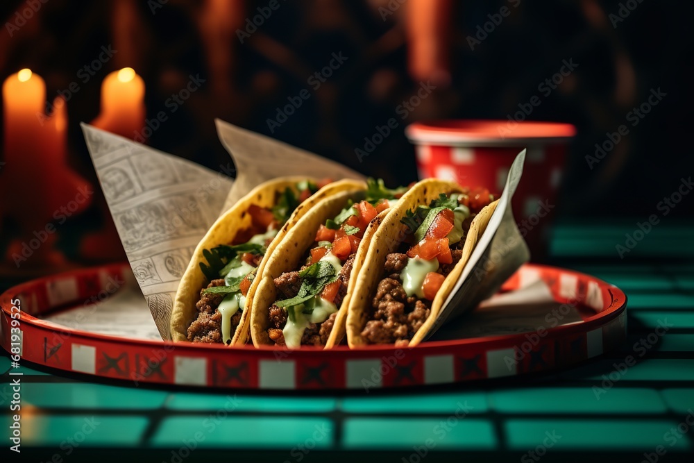 a popular Mexican dish called a taco. Tacos are typically made with corn tortillas that are filled with a variety of meats, vegetables, and sauces. - obrazy, fototapety, plakaty 