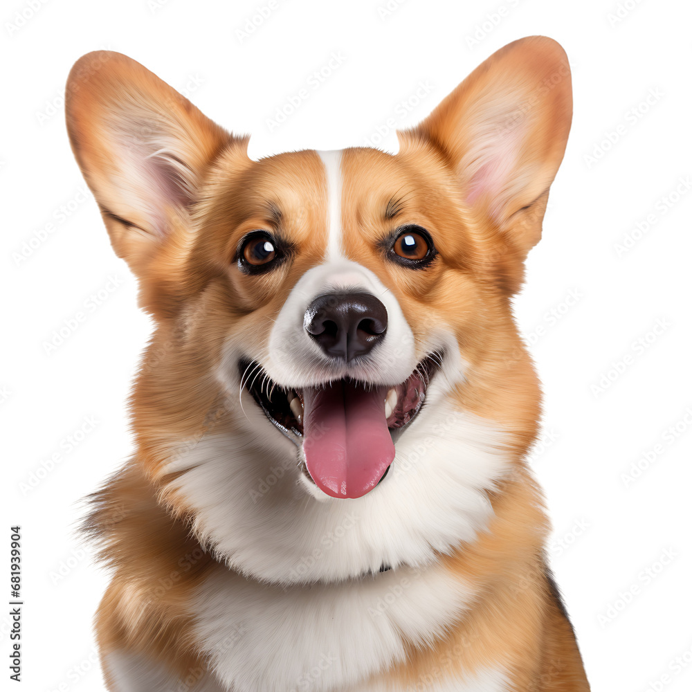 Close-up portrait of a corgi dog on transparent background cutout, PNG file.