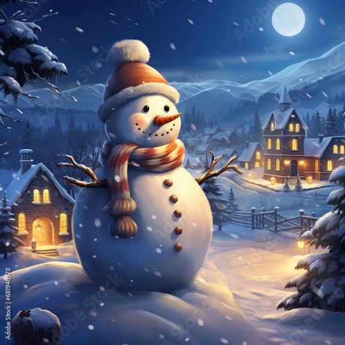 Snowman in winter christmas landscape Magical christmas night
