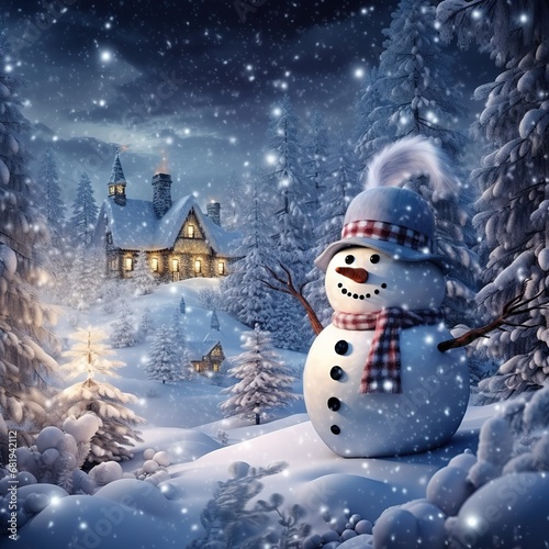 Snowman in winter christmas landscape Magical christmas night