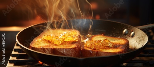 In the morning, a skilled cook is making a delicious breakfast with close attention to detail, as they fry a loaf of bread in a nonstick skillet to create mouthwatering French toast; the close-up shot