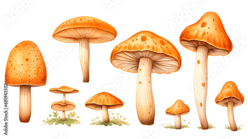 Set of Mushroom watercolor collection of hand drawn, Mushroom orange color, Mushroom elegant watercolor , Mushroom isolated transparent background