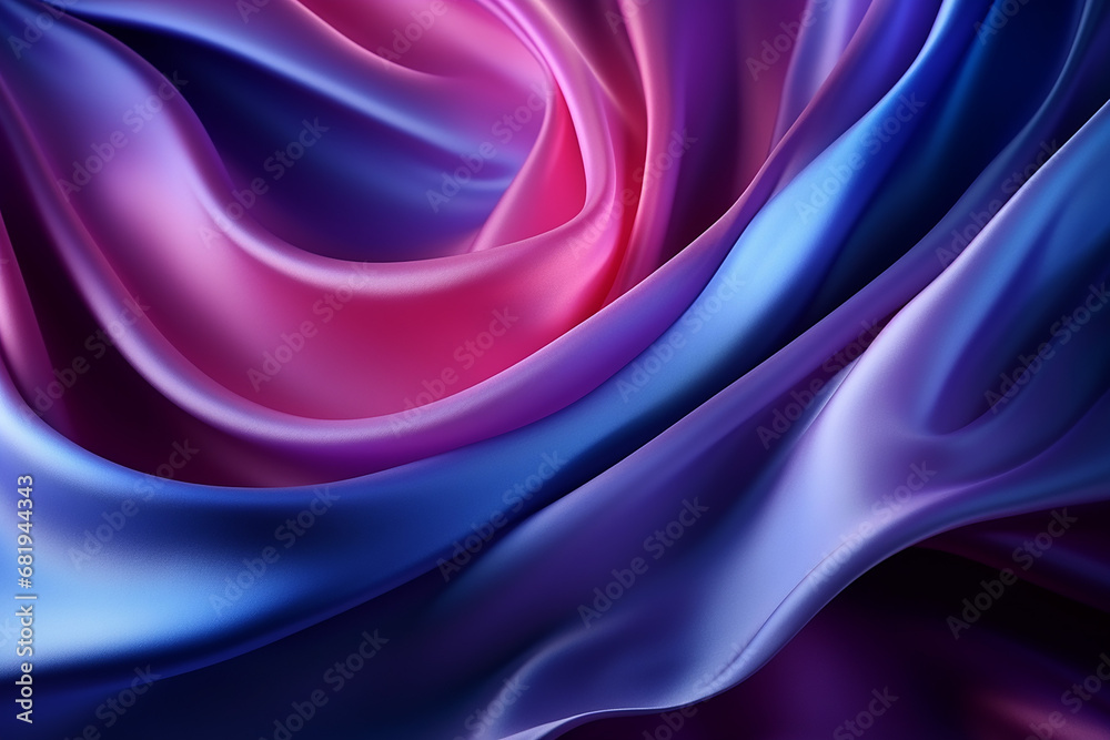 Abstract neon geometric background. Wavy gradient liquid or folds silk fabric, glossy texture purple blue fluid flow