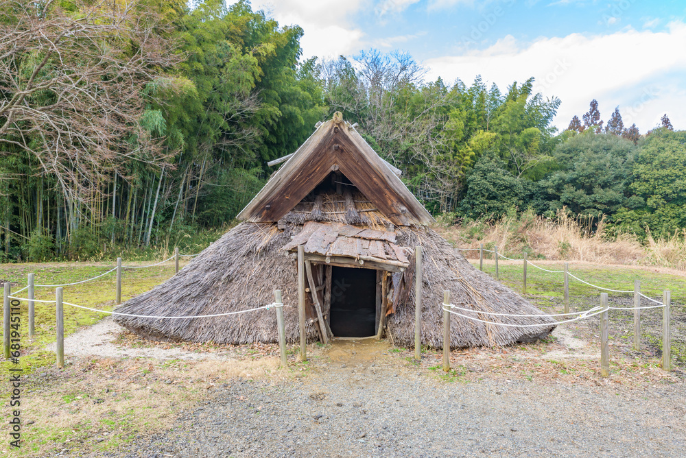 Pit dwelling restored residence of the Kofun period in Japan. Stock