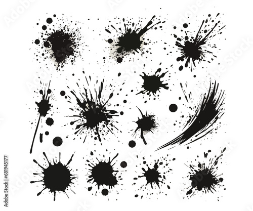 blots   black inked splatter dirt stain splattered spray splash with drops blots isolated. Set of splashes Flat vector illustration 