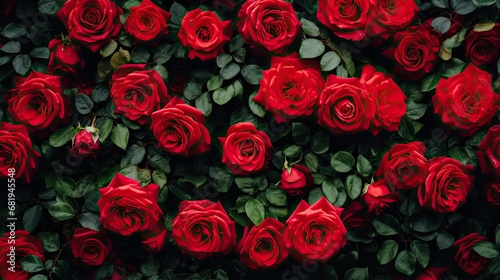 background of the garden  a vibrant red rose with its lush green leaves stood out  enhancing the natural beauty and adding a pop of color to the floral wall texture  creating a captivating and