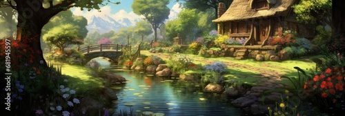 wallpaper of the house and pond in the garden, generative AI