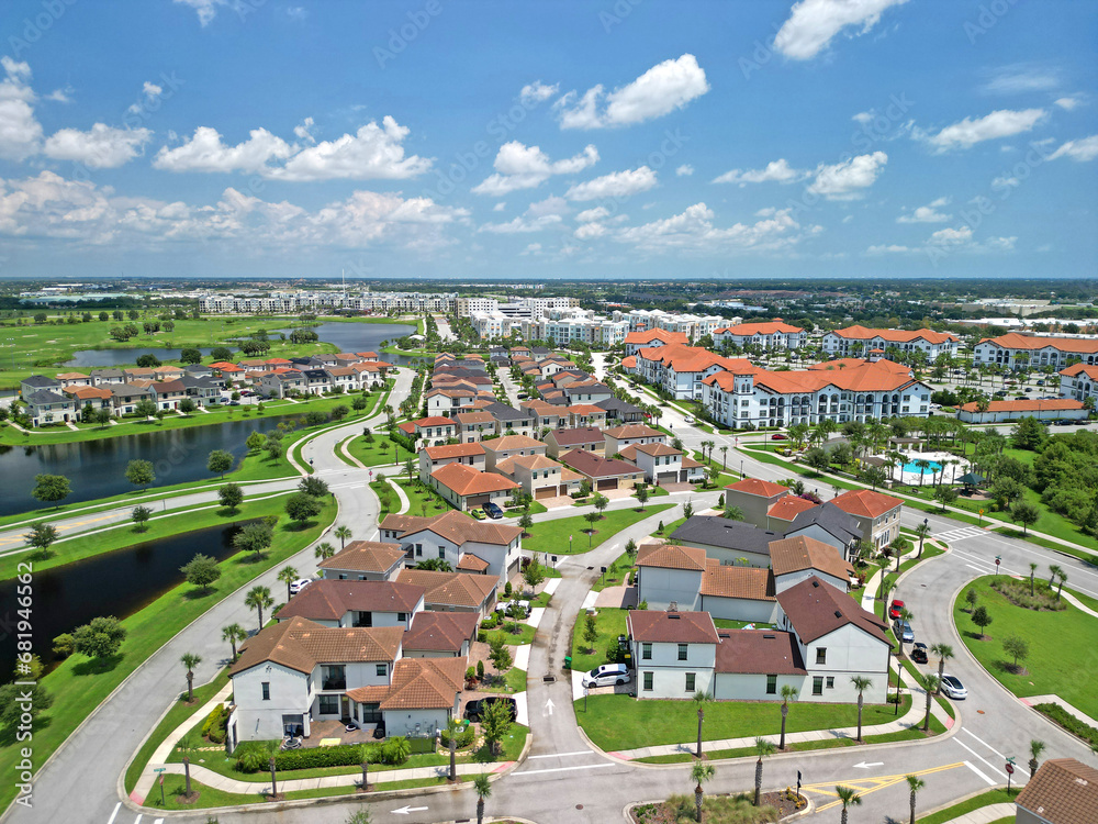 Aerial view of homes and apartments in Viera, Florida, a golf centered lifestyle residential community in central Brevard County near Melbourne on Florida's Space Coast.