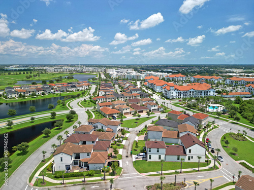 Aerial view of homes and apartments in Viera, Florida, a golf centered lifestyle residential community in central Brevard County near Melbourne on Florida's Space Coast.
