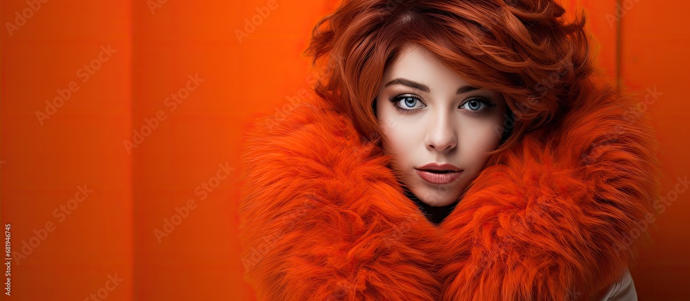 The woman, adorned with a captivating hairstyle, stands isolated against the white background in her winter ensemble, as the wall behind her fades into a gradient of orange. Her hands delicately frame